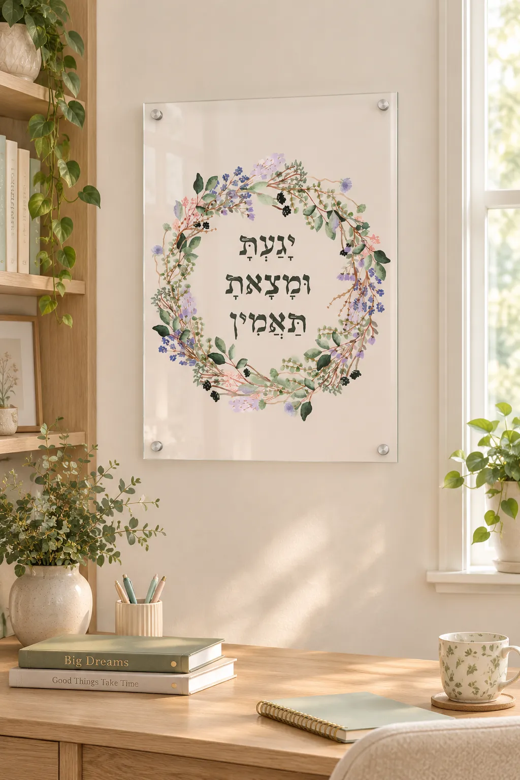 תמונת ״יגעת ומצאת תאמין״ בעיצוב פרחוני על זכוכית או קנבס