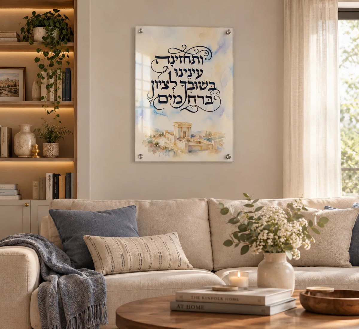 תמונת ״ותחזינה עינינו״ עם איור בית המקדש על זכוכית או קנבס