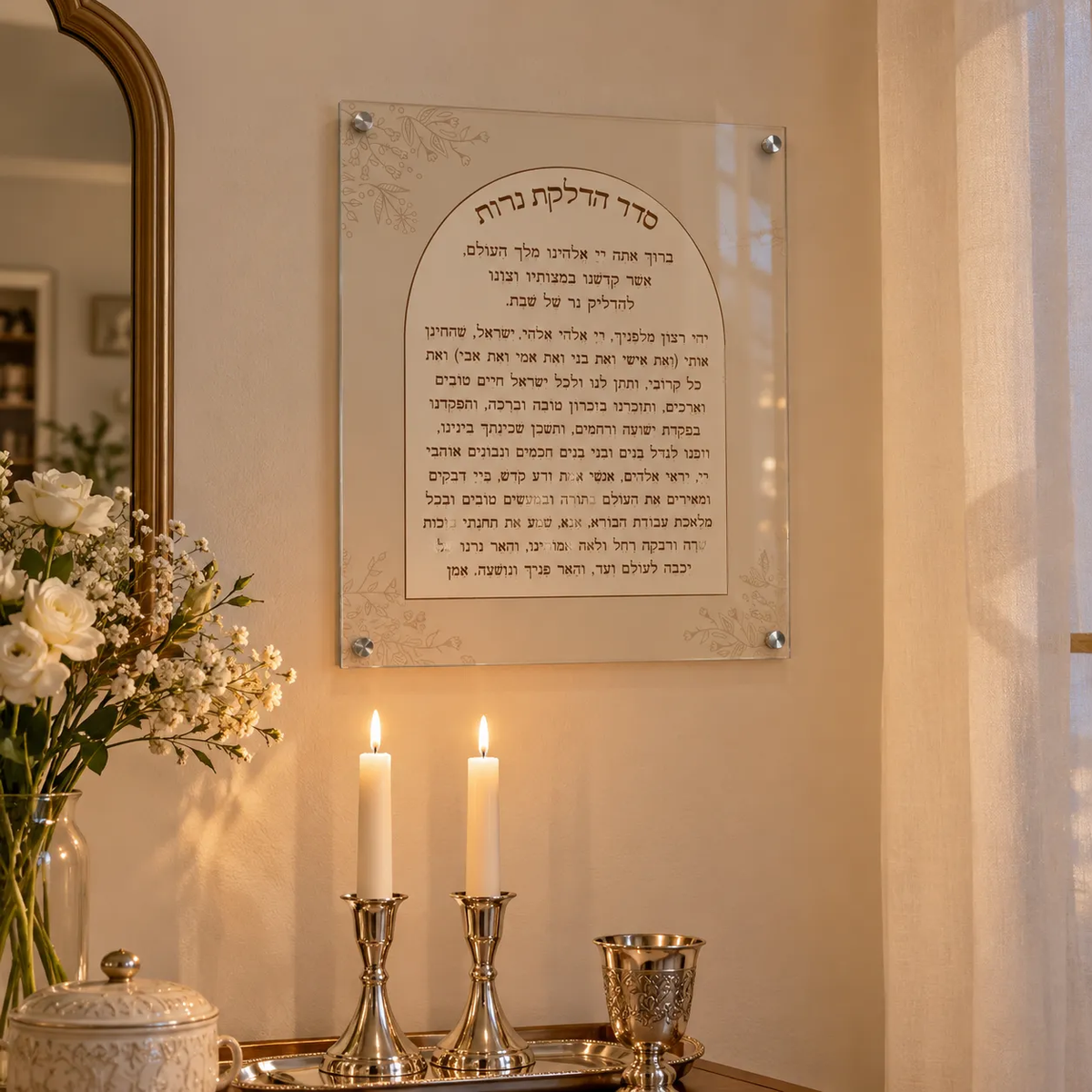 תמונת ״סדר הדלקת נרות״ בעיצוב קשת קלאסי על זכוכית או קנבס