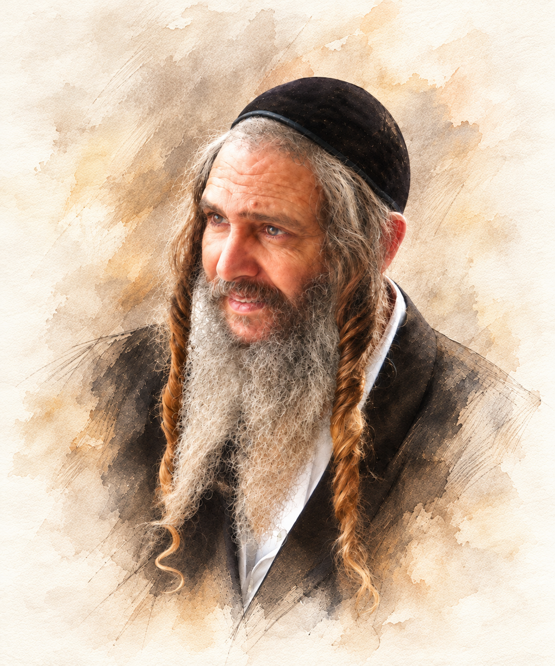 הרב הרוש עם פאות וכיפה שחורה בציור אקוורל