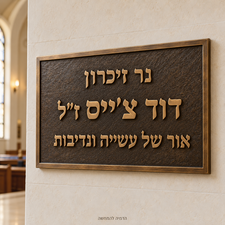 שלטי הנצחה מברונזה בעיצוב אישי – הדמיה להמחשה עם דוד צ׳ייס ז״ל אספקלריה