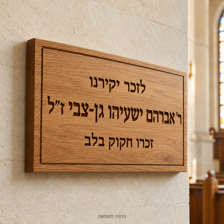 שלטי הנצחה מעץ בעיצוב אישי – הדמיה להמחשה עם ר׳ אברהם ישעיהו גן־צבי ז״ל אספקלריה