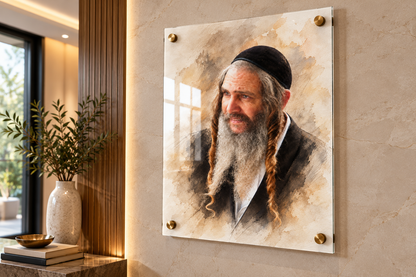 תמונת הרב הרוש – דיוקן חסידי בצבעי מים עם כיפה שחורה פאות ארוכות וזקן בהיר
