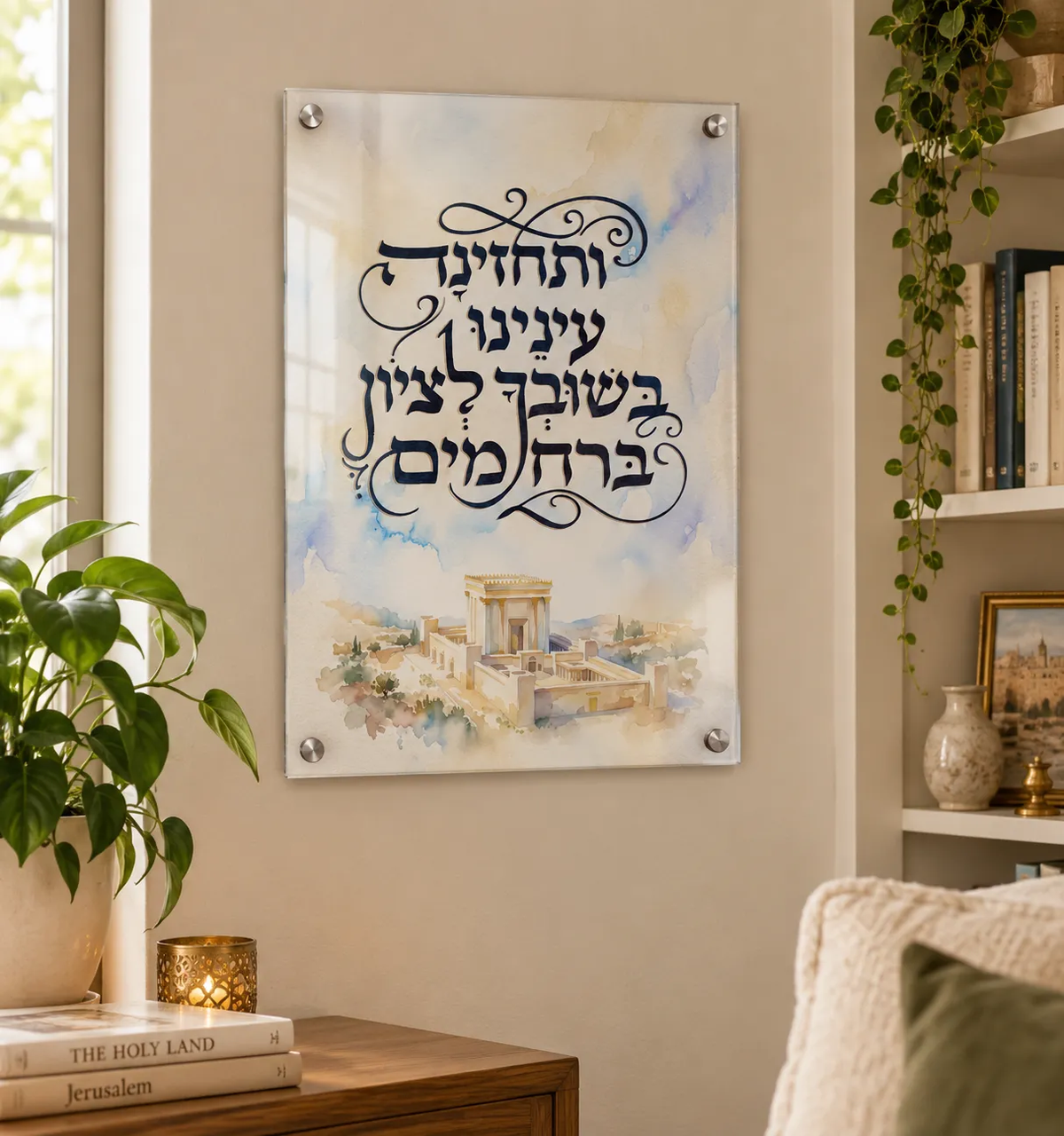 תמונת ״ותחזינה עינינו״ עם איור בית המקדש על זכוכית או קנבס