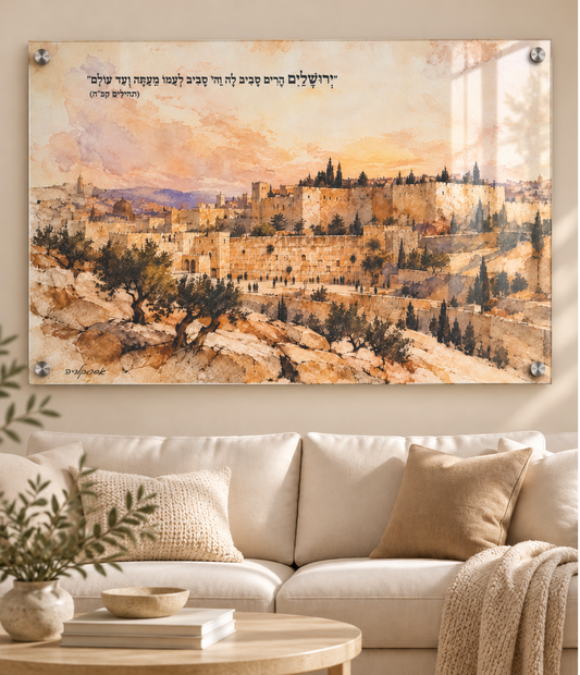 תמונת ירושלים הרים סביב לה – אמנות זכוכית עם נוף ירושלים אספקלריה