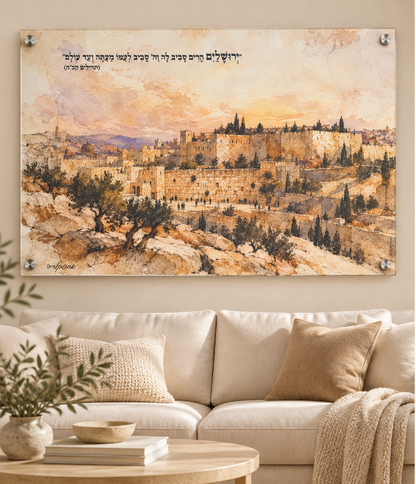 תמונת ירושלים הרים סביב לה – אמנות זכוכית עם נוף ירושלים