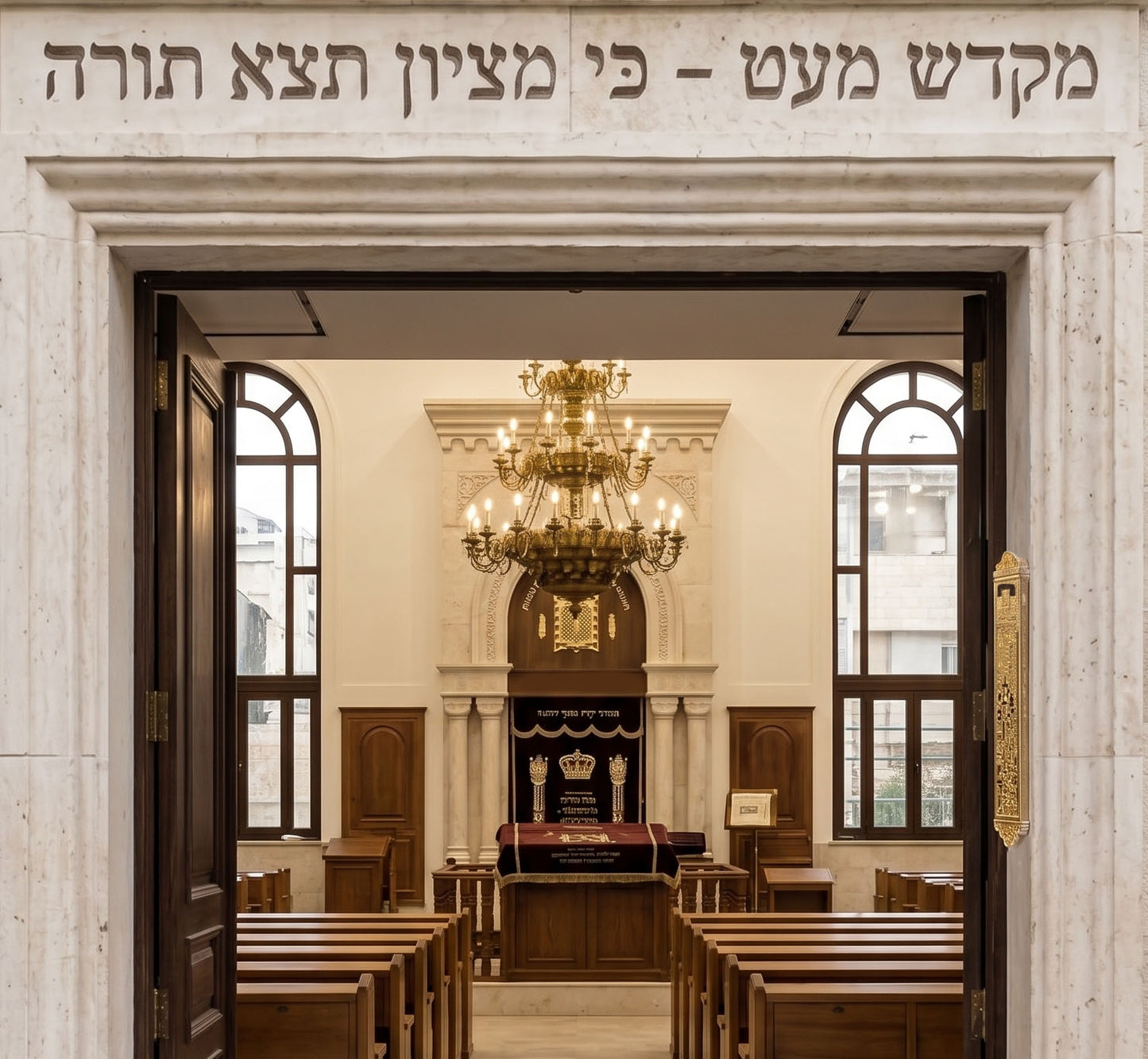 בית מזוזה לבית כנסת | פליז זהב 24K | עיצוב אישי