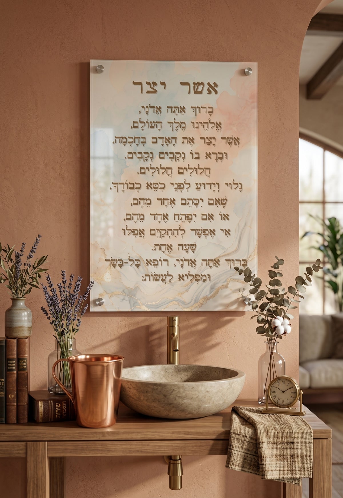 תמונת ״אשר יצר״ בעיצוב שיש בהיר על זכוכית או קנבס