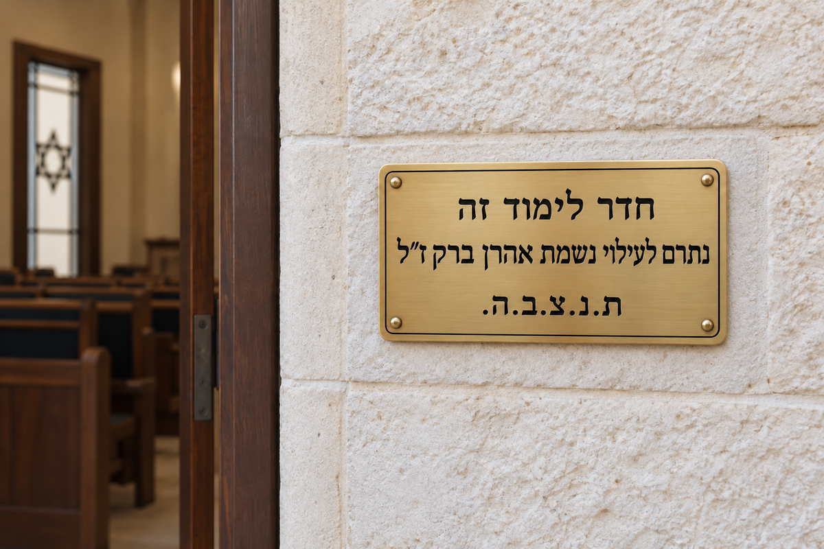 שלט פליז בכניסה לחדר לימוד שנתרם לעילוי נשמת אהרן ברק ז״ל