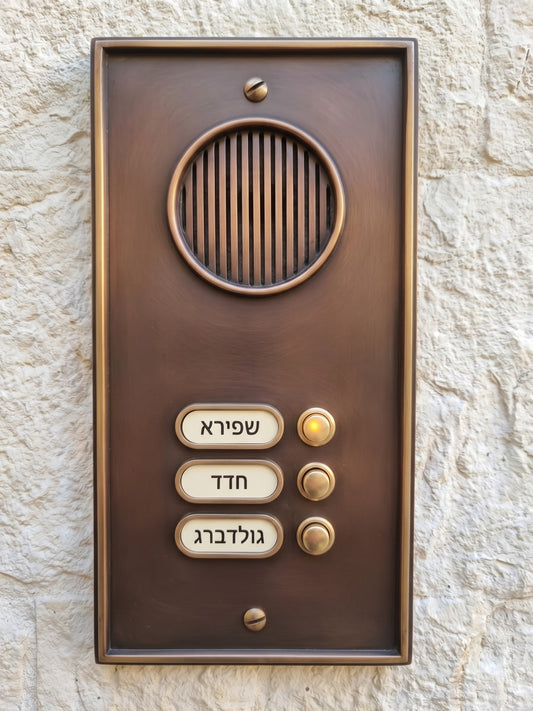פאנל אינטרקום כהה עם רמקול עגול ושלושה לחצני קריאה על קיר אבן אספקלריה