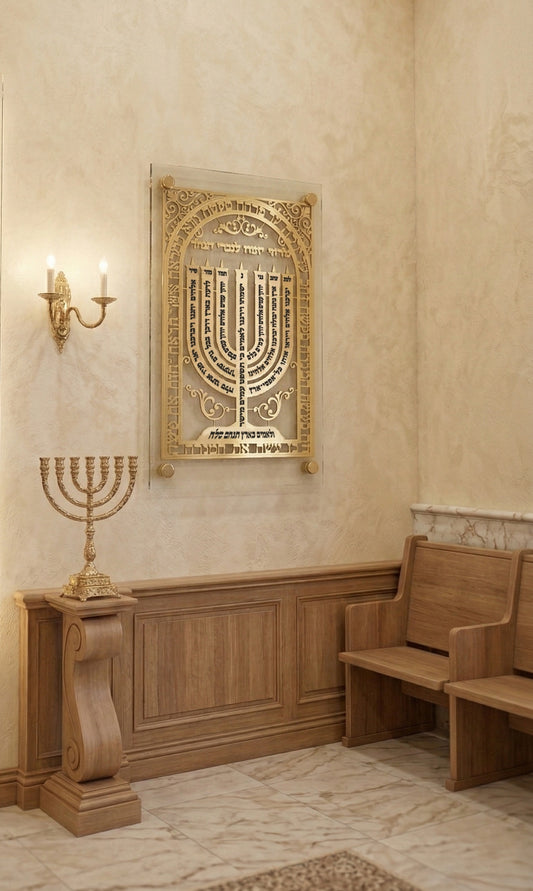 לוח מנורה מוזהב בעיצוב אישי על זכוכית בבית כנסת – חריטה עמוקה, סטודיו אספקלריה