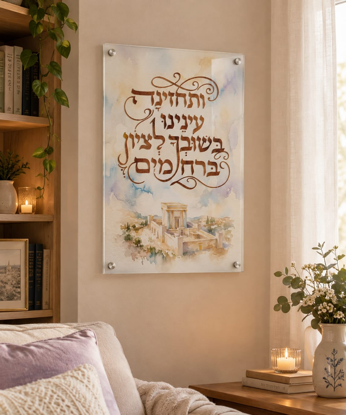 תמונת בית המקדש בירושלים עם הפסוק ותחזינה עינינו – אמנות יודאיקה מבית אספקלריה