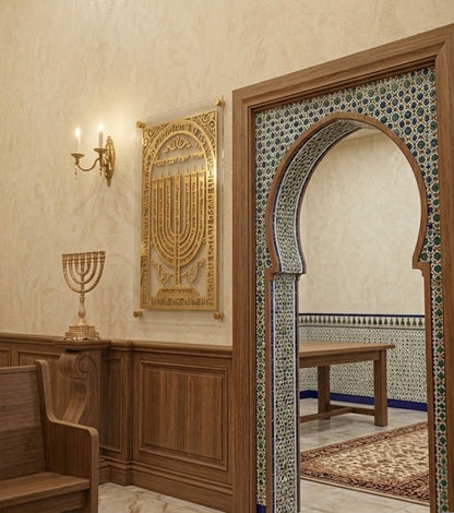  לוח פליז מנורה בעיצוב יהודי מסורתי בבית כנסת – שלט