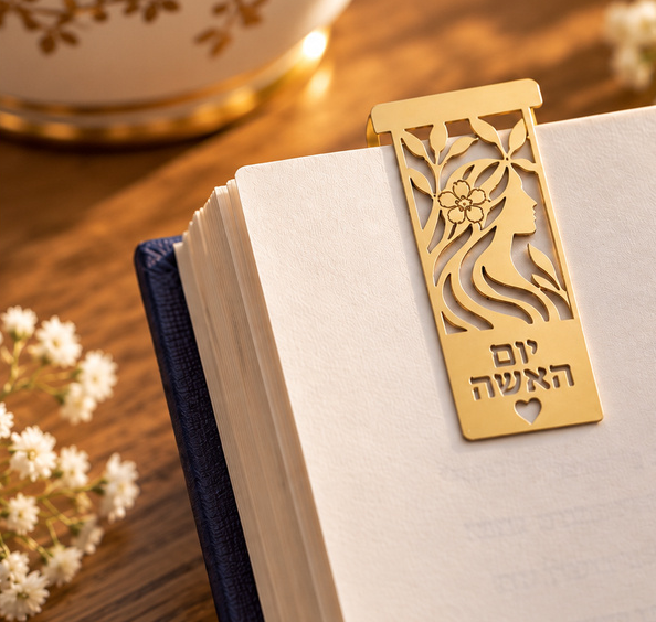 סימניה מעוצבת ליום האישה בציפוי זהב עם עיטור פרח ודמות אישה על ספר פתוח