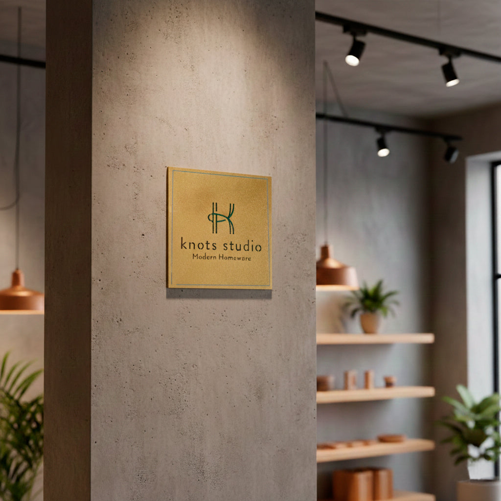 תקריב של שלט פליז עבה בגימור מט מוברש, חריטה אומנותית מדויקת של לוגו וטקסט על קיר מעוצב - איכות פרימיום מבית סטודיו אספקלריה